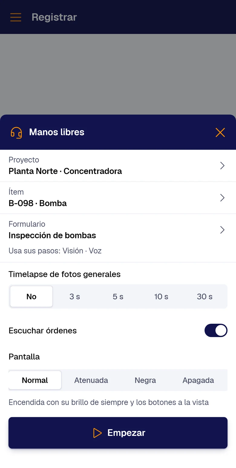 Antes de empezar: proyecto, ítem, formulario, timelapse, escuchar órdenes y modo de pantalla