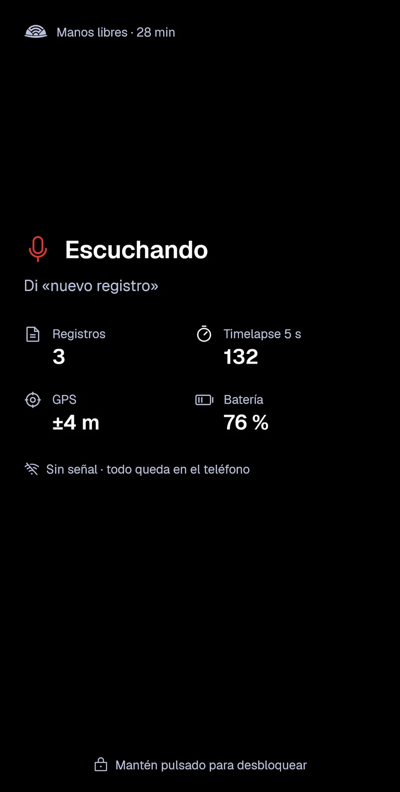 Pantalla negra escuchando: di nuevo registro. Sin señal, todo queda en el teléfono