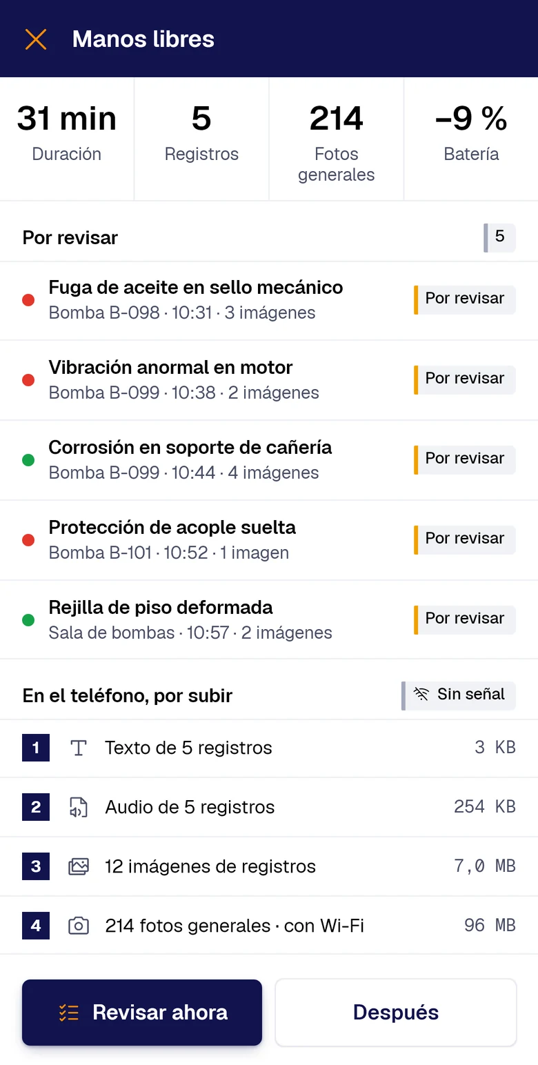 Resumen de la sesión: los registros por revisar y lo que queda en el teléfono por subir, en orden