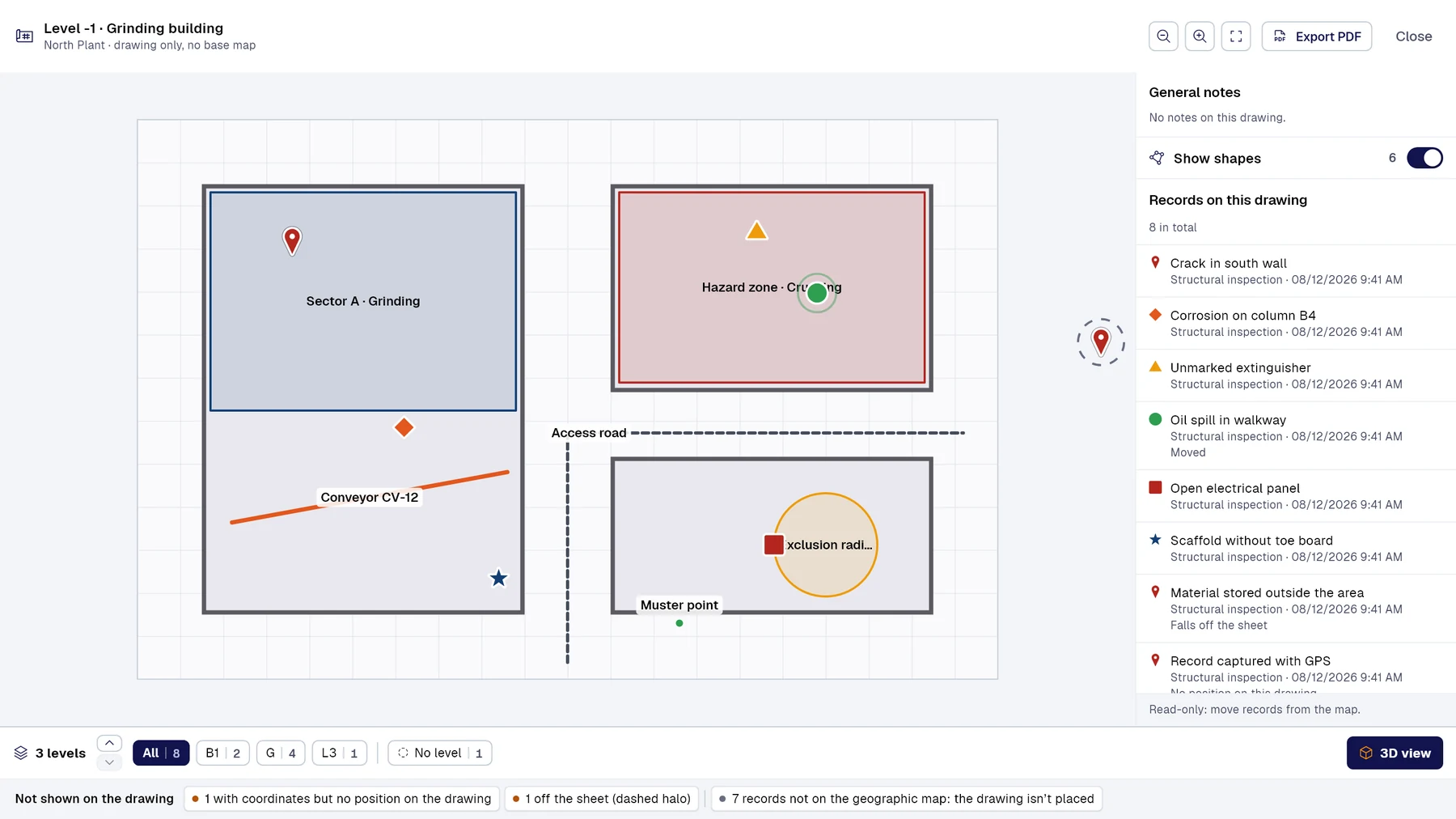 An uploaded floor plan with sectors, access road, risk zone and exclusion radius, with records placed on top