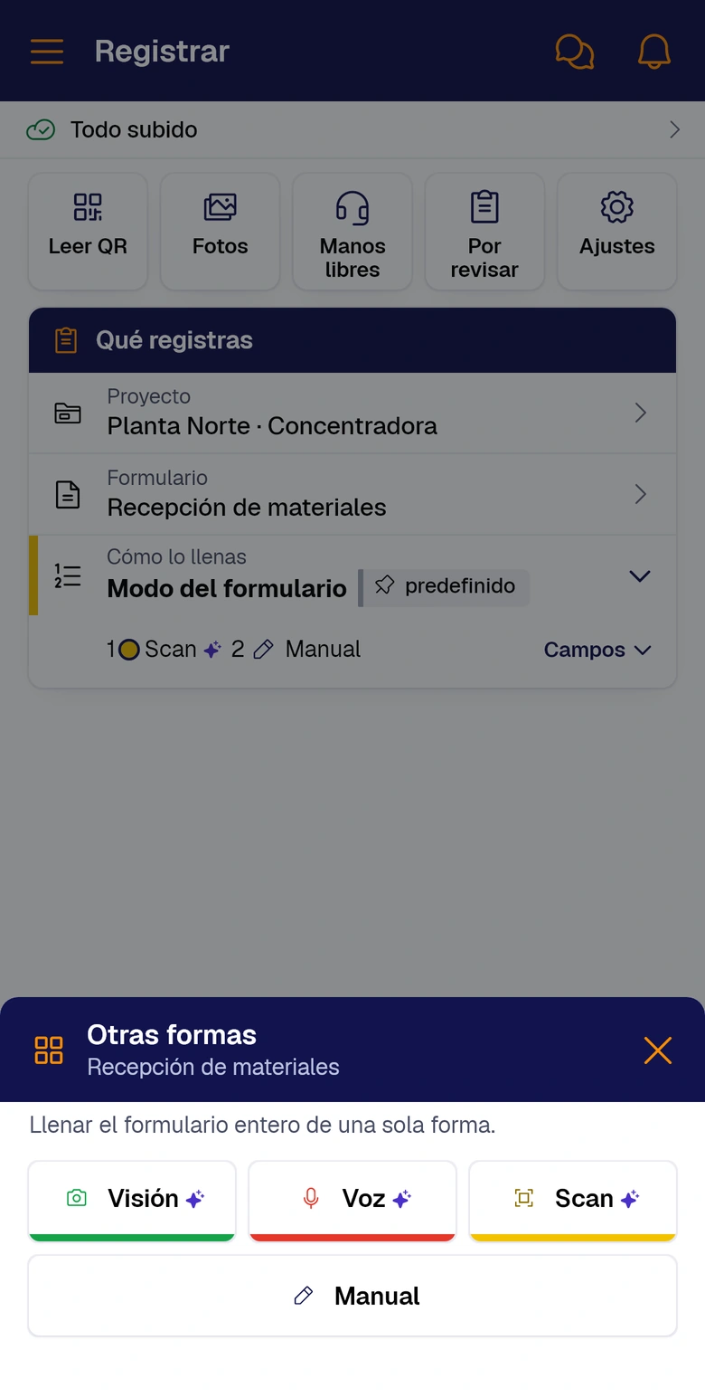 Registrar con Otras formas abierto: Visión, Voz, Scan y Manual para el formulario Recepción de materiales