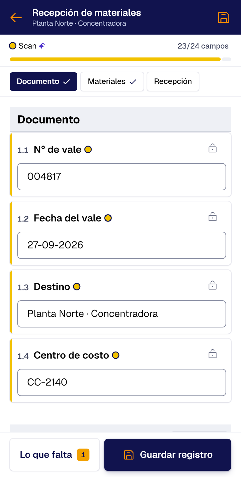Scan llenó número de vale, fecha, destino y centro de costo, con el punto amarillo