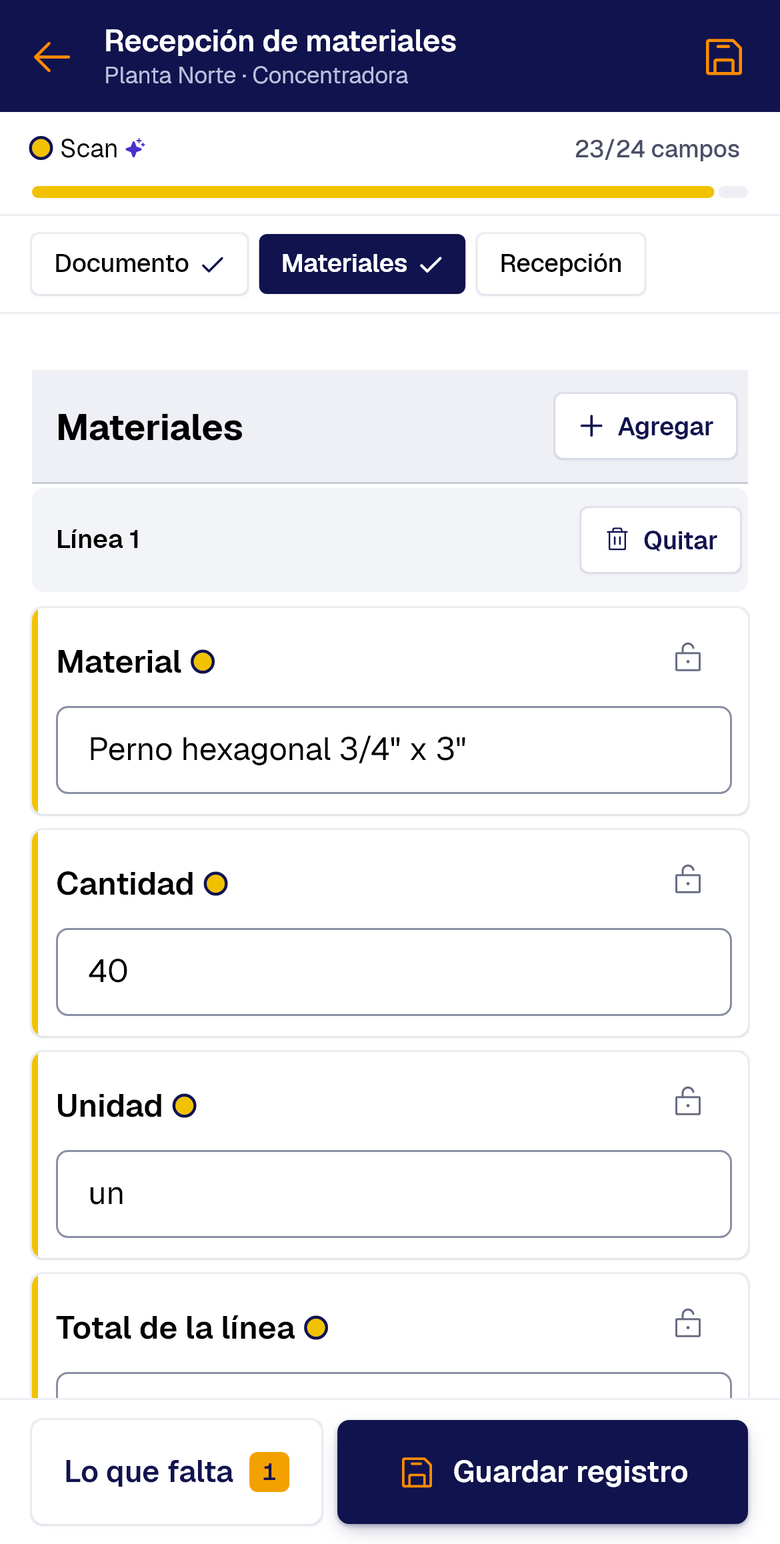 Las líneas del vale, transcritas una por una: material, cantidad, unidad y total