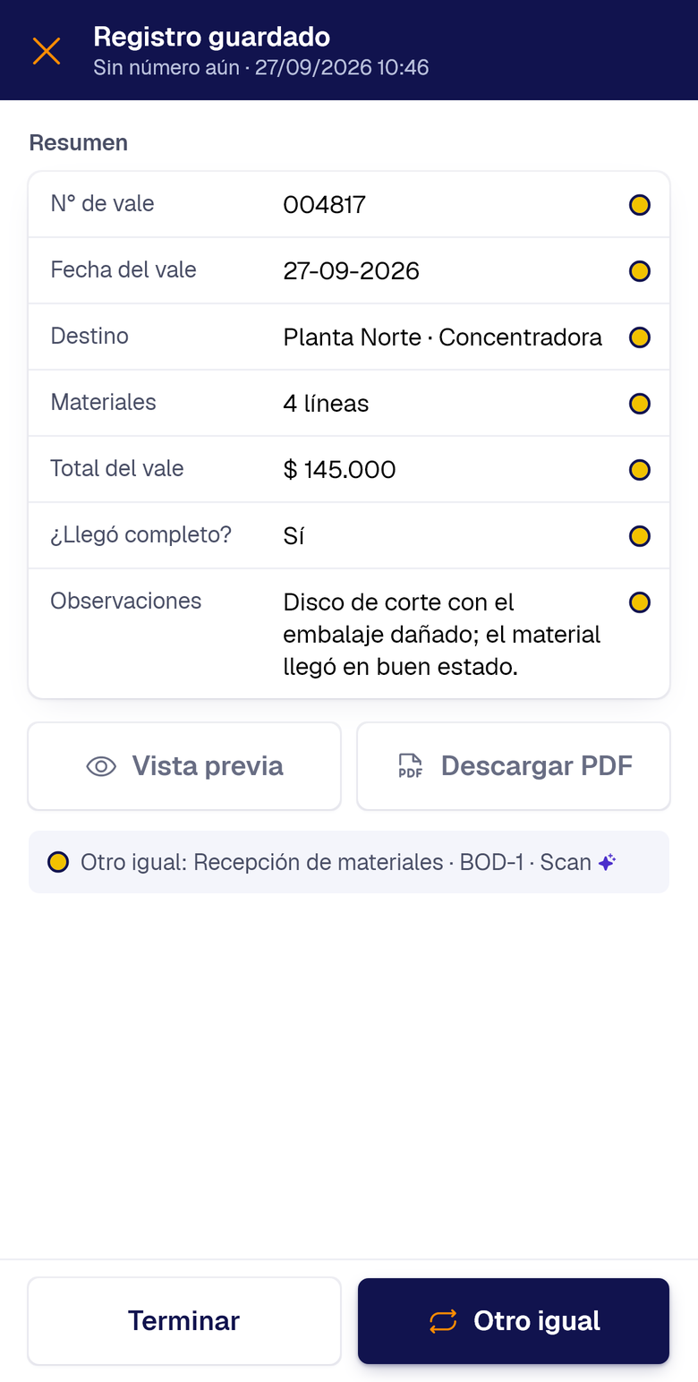 Registro guardado: el resumen marca con el punto amarillo de Scan cada dato leído